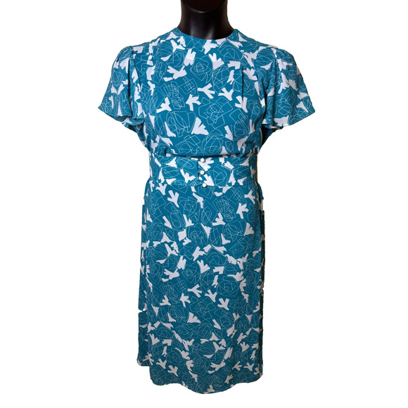 Teal Blue White 80's Dress Wide Belt Sz 10 12 Geometric New Wave Flutter Sleeve - Picture 7 of 7